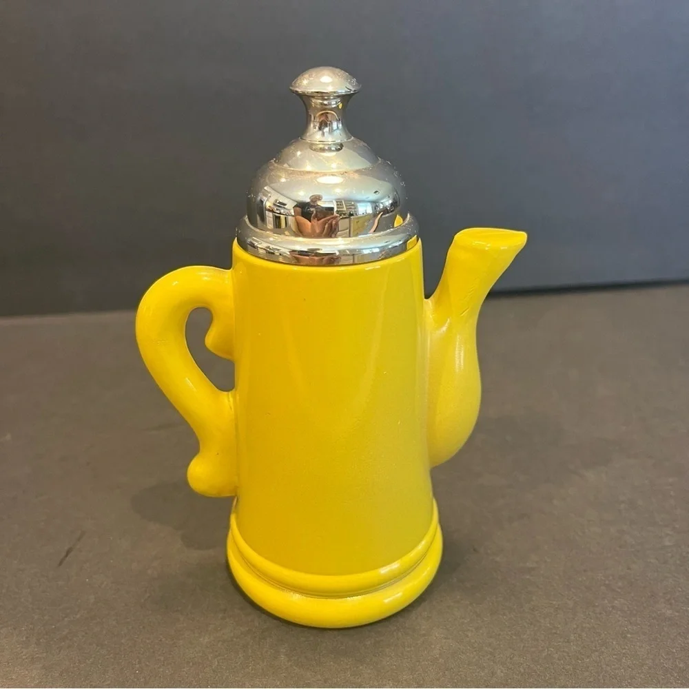 Vintage Mini Coffee Pot 5 1/2” Tall Avon Yellow Silver Top Orange Floral